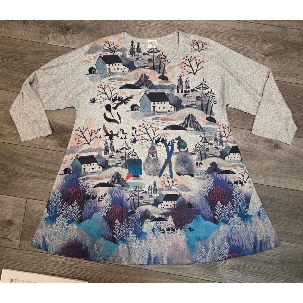 Et Lois Women Large Tunic Top Gray Winter Landscape Penguin Skiing H3071